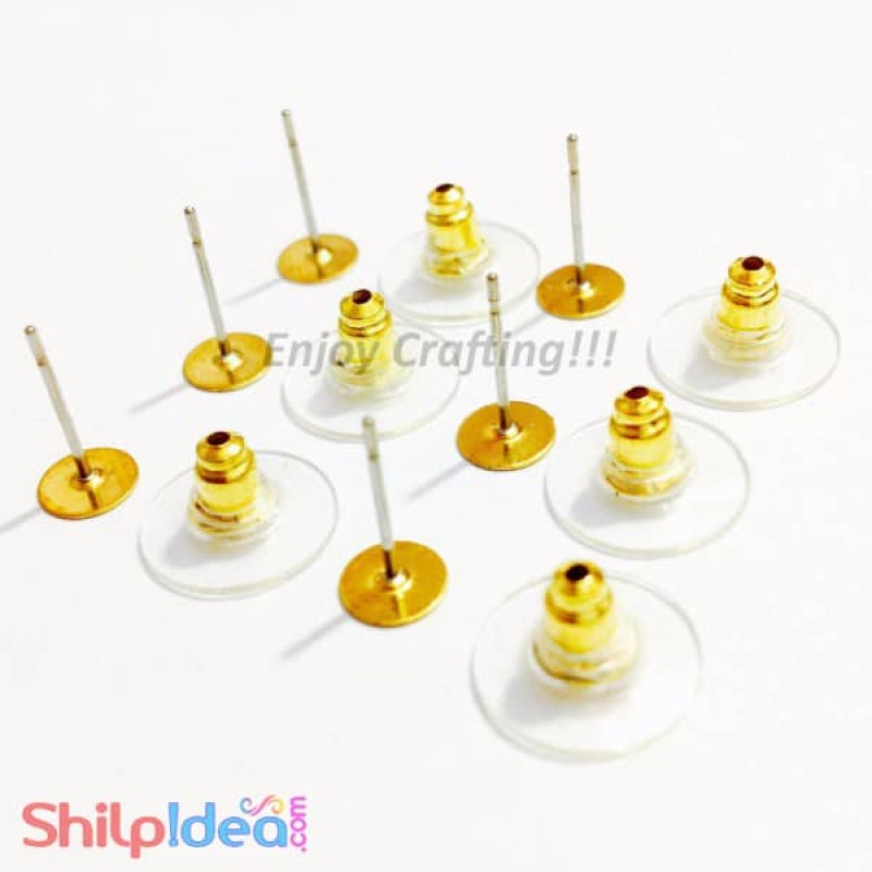 Earring Studs 6mm - Flat with Stoppers - Golden - 2 Pairs